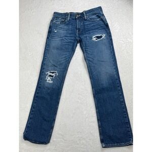 Hollister Men's 31x32 Slim Straight Jeans Ripped Distressed Denim Blue Wash Edgy